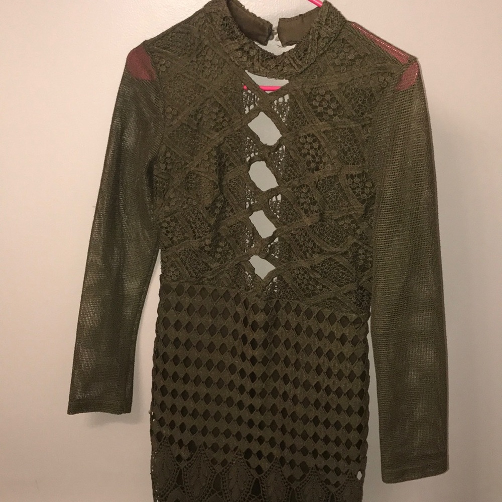 Army green mini lace dress with sleeves